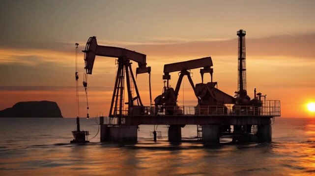 The oil pump and the beautiful sunset reflected in the water, the silhouette of the beam pumping unit in the evening