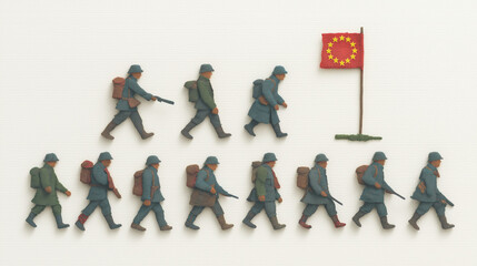 Paper-Cut Marching Soldiers under a European Emblem — Layered Cutout on Clean White Background