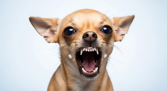 Aggressive chihuahua with bared teeth and open mouth, showing a fierce and angry expression