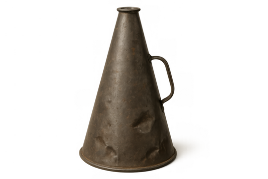 Vintage metal megaphone standing, representing communication, protests, speaking, and announcements with transparent background
