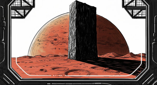Martian Monolith: A Space Odyssey Inspired Illustration from Spaceship Window