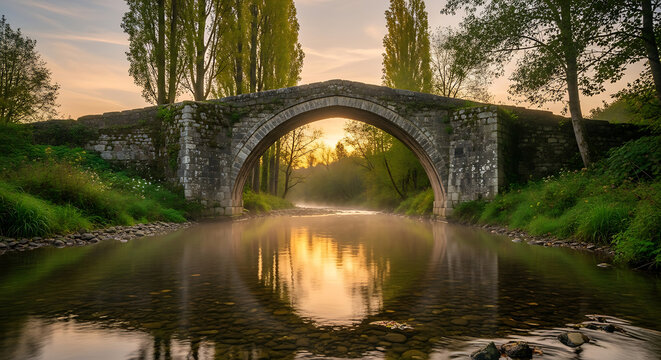 An old stone bridge over a river with trees and grass at sunset creating a serene landscape view
