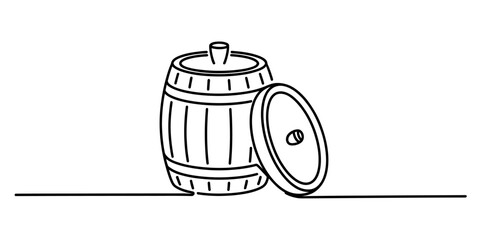 Continuous line drawing of a wooden barrel with its separate lid, ideal for wine, beer, or whiskey storage, illustrating traditional craftsmanship. Vector