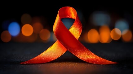 Orange ribbon for awareness a symbol of support hope and solidarity shining on a dark background with bokeh lights