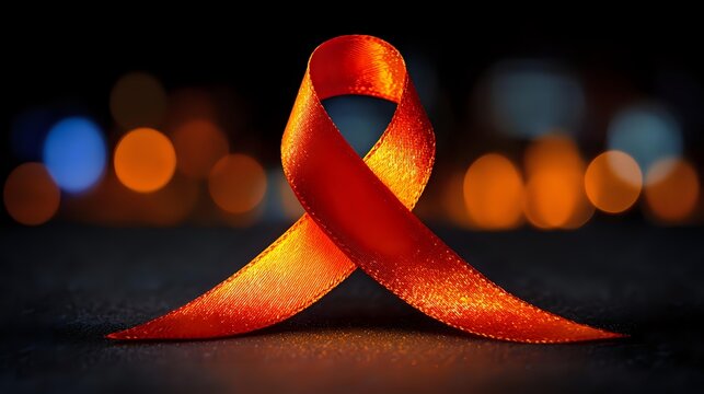 Orange ribbon for awareness a symbol of support hope and solidarity shining on a dark background with bokeh lights