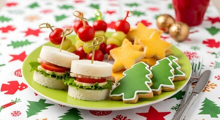 Festive christmas party platter with mini sandwiches and holiday shaped cookies