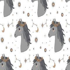 Cute seamless pattern with grey horses and stars in boho style. Pajamas and T-shirt design. Vector illustration zodiac animals on white background





