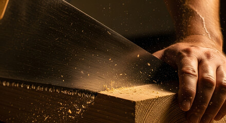 A carpenter carefully saws through a block of wood, creating a shower of sawdust,A skilled woodworker uses a hand saw, cutting lumber with precision and generating wood shavings