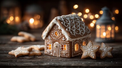 gingerbread house and cookies on wooden surface, twinkling lights and christmas ornaments, warm cozy mood