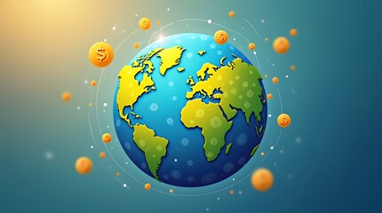 Global financial success and investment opportunities visualized with Earth and flying currency coins