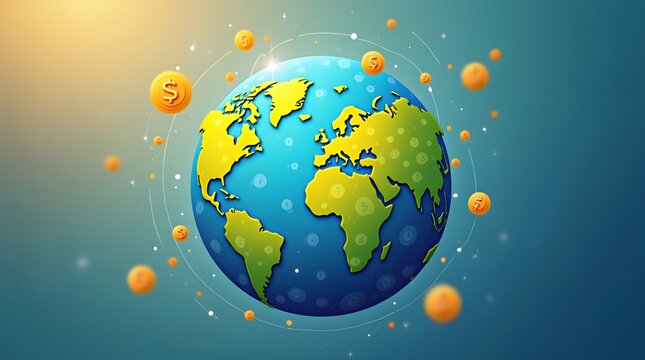 Global financial success and investment opportunities visualized with Earth and flying currency coins