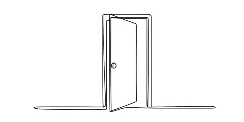 One continuous line drawing of a slightly ajar door, representing concepts like opportunity, entrance, exit, new beginnings, isolated. Vector