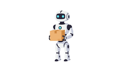 A cute white and gray humanoid robot carrying a brown cardboard package in flat vector style, suitable for automation, delivery service, robotics, or future technology illustrations.