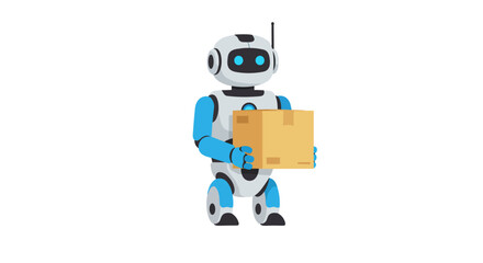 Obraz premium A friendly blue and white robot with glowing eyes holding a brown cardboard box in clean flat vector style, perfect for e-commerce delivery, smart logistics, or artificial intelligence concepts.