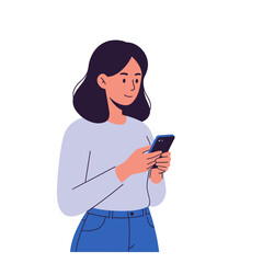 A young woman with long dark hair looks at her pink smartphone with a slight smile in clean flat vector style, perfect for mobile app usage, social media, communication, or modern lifestyle concepts.