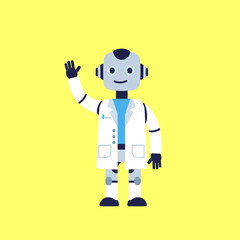 A cheerful white robot dressed in a doctor's lab coat and stethoscope waves happily against a bright yellow background in clean flat vector style, great for medical technology, AI healthcare, or robot
