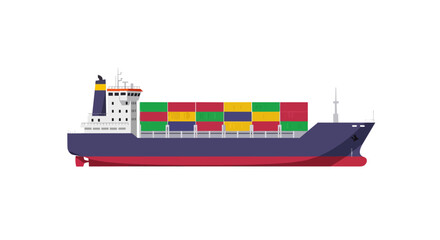 A large cargo ship loaded with multicolored shipping containers sails on blue water in clean flat vector style, ideal for logistics, global trade, import-export, or transportation concepts.