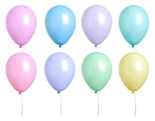 Eight pastel balloons arranged in two rows against black
