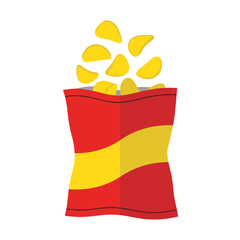 A red and yellow open bag of crispy potato chips with visible golden chips inside, rendered in bold flat vector style suitable for snack food packaging, junk food concepts, or party illustrations.