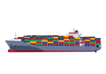 A large cargo ship loaded with multicolored shipping containers sails on blue water in clean flat vector style, ideal for logistics, global trade, import-export, or transportation concepts.