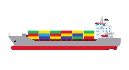 A large cargo ship loaded with multicolored shipping containers sails on blue water in clean flat vector style, ideal for logistics, global trade, import-export, or transportation concepts.