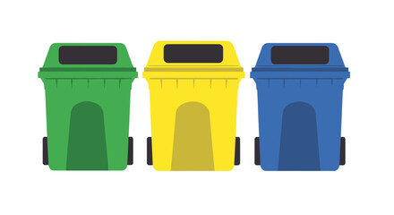 Three colored recycling bins for waste separation – green, yellow, and blue – shown in a row in clean flat vector style, ideal for ecology, sustainability, garbage sorting, or environmental protection