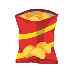 A red and yellow open bag of crispy potato chips with visible golden chips inside, rendered in bold flat vector style suitable for snack food packaging, junk food concepts, or party illustrations.