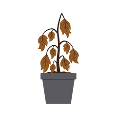 A sad brown wilted houseplant with drooping dried leaves in a simple gray pot, depicted in minimalist flat vector style ideal for concepts of neglect, plant care failure, or environmental themes.