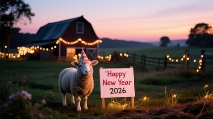 Festive Sheep Celebrates Happy New Year 2026 with Decorations and Sign
