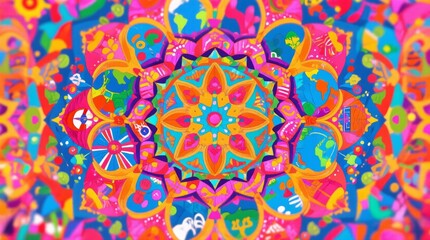 Vibrant Kaleidoscopic Pattern Featuring Symbols of Cultures