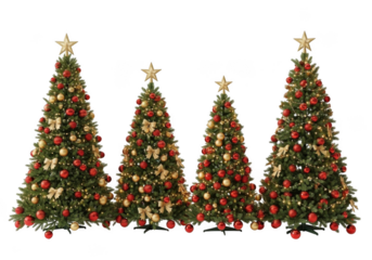 Four decorated christmas trees with stars on top, isolated on transparent background