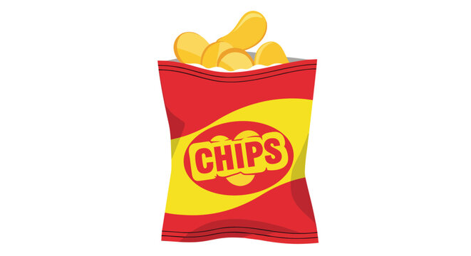 A red and yellow open bag of crispy potato chips with visible golden chips inside, rendered in bold flat vector style suitable for snack food packaging, junk food concepts, or party illustrations.