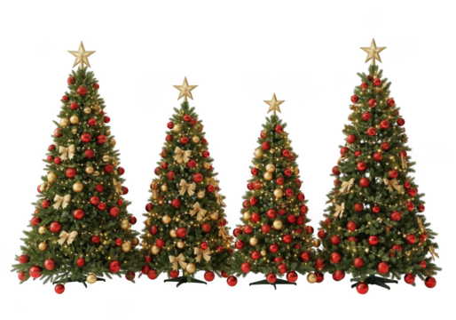 Four decorated christmas trees with stars on top, isolated on transparent background