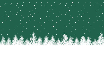 A winter scene with white trees and snow falling on a green background in a simple illustration style