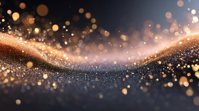 Abstract dark background with sparkling golden and silver glitters wave, bokeh lights. Background for elegant design, festive event, Christmas, New Year, party. - Powered by Adobe