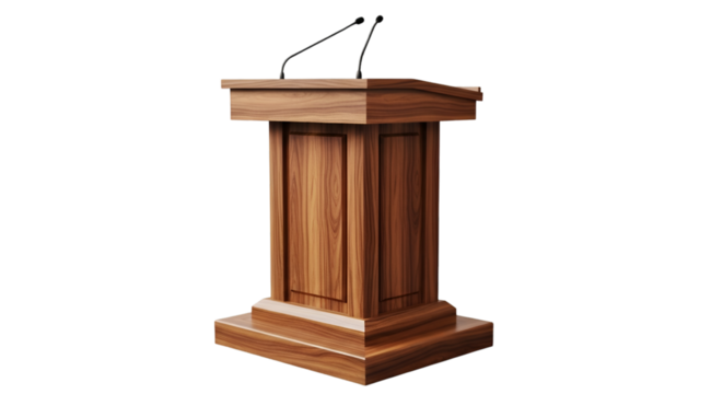 Wooden Podium with Microphones on Black Background
