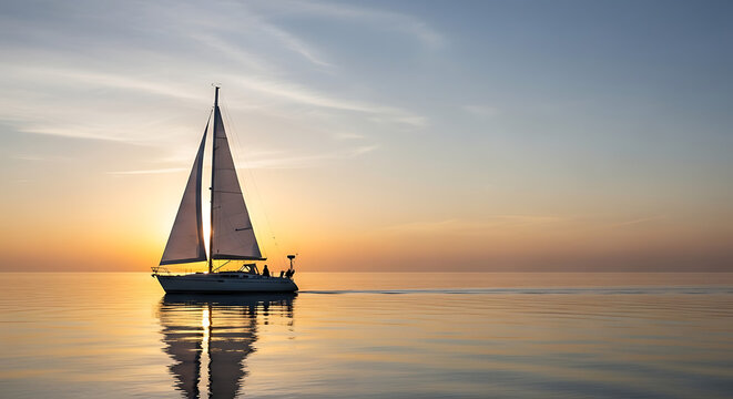 A sailboat sailing on calm water during sunset with golden light reflecting on the water surface view - Powered by Adobe