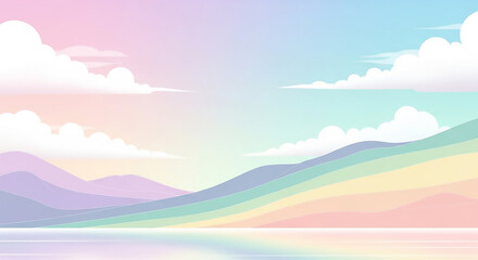 Fototapeta premium Pastel Rainbow Landscape with Clouds and Water Reflection Illustration