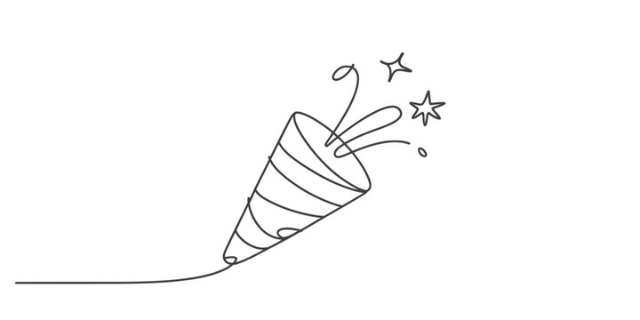 Continuous line drawing of a party popper exploding with confetti and stars, symbolizing joy, celebration, and festive success. Vector