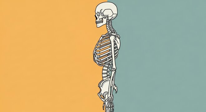 Stylized skeletal frame illustration on bicolored pastel toned background
