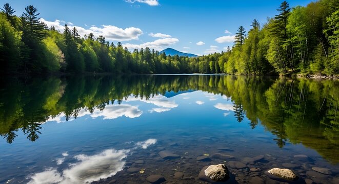 Serene Lake Reflection of Lush Green Forest and Blue Sky. - Powered by Adobe