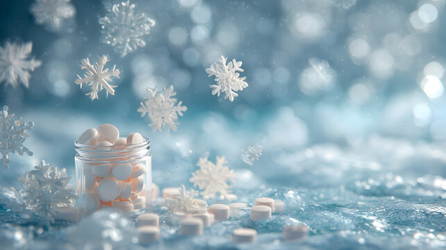 Minimalist winter still life with snowflakes and pills - Powered by Adobe