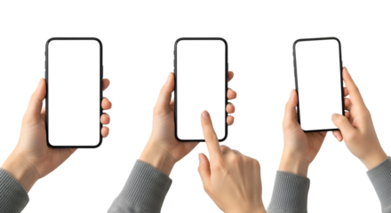 Three hands holding smartphones with blank white screens