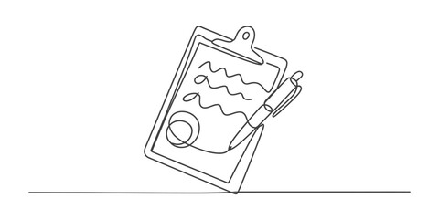 Continuous line drawing of a clipboard with a pen, depicting tasks, notes, or business planning in a modern minimalist art style. Vector