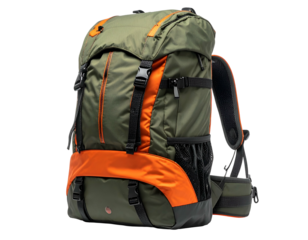 Green and orange hiking backpack with multiple pockets and straps