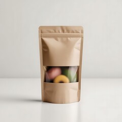 Brown Kraft Pouch with Colorful Candies Visible Through Window
