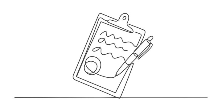 Continuous line drawing of a clipboard with a pen, depicting tasks, notes, or business planning in a modern minimalist art style. Vector