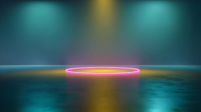 Surreal neon pink circle illuminates an empty stage in a dreamlike setting