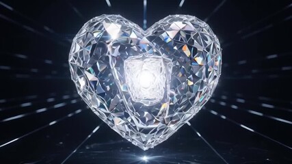 Shimmering diamond heart pulsates with radiant light, perfect for luxury branding or romantic themes, evoking elegance and timeless beauty in motion