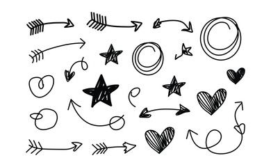 Hand drawn doodle arrows hearts and stars graphic elements set